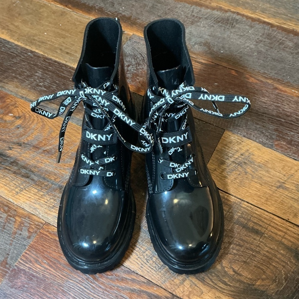 DKNY Tilly Lace Up Monogrammed Moto Boots